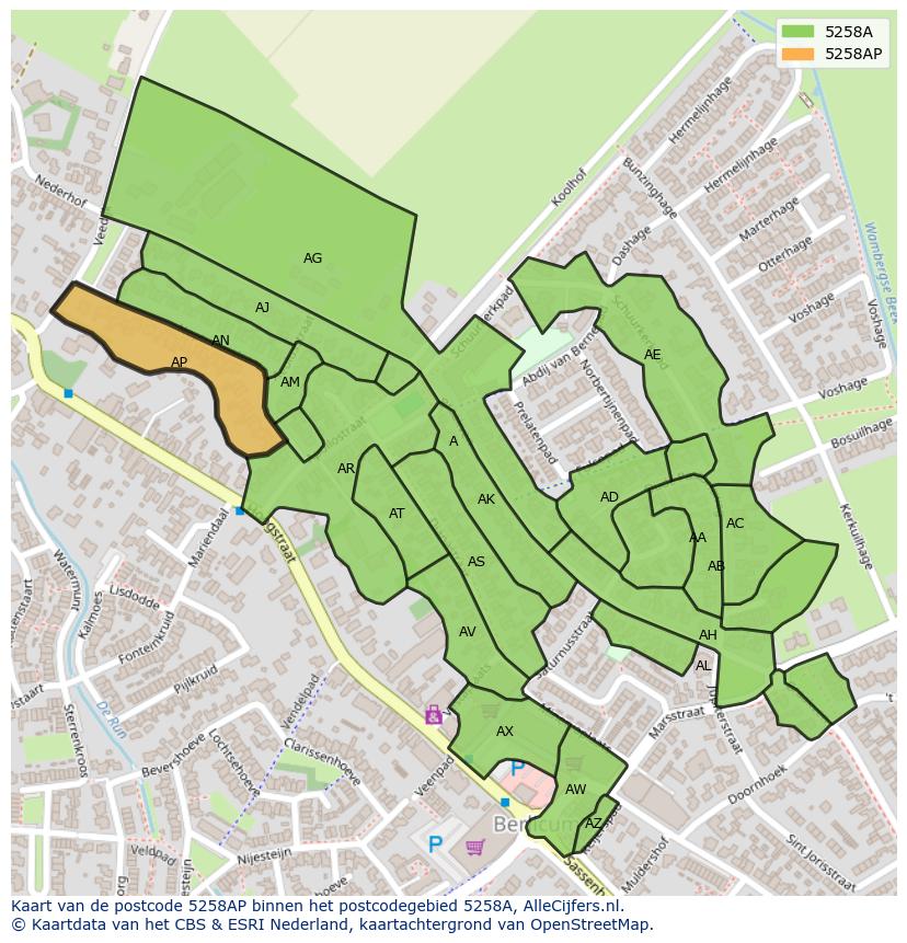 Afbeelding van het postcodegebied 5258 AP op de kaart.