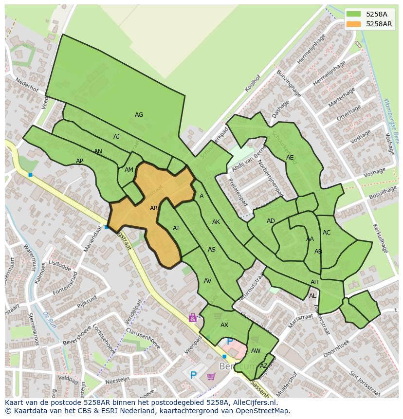 Afbeelding van het postcodegebied 5258 AR op de kaart.