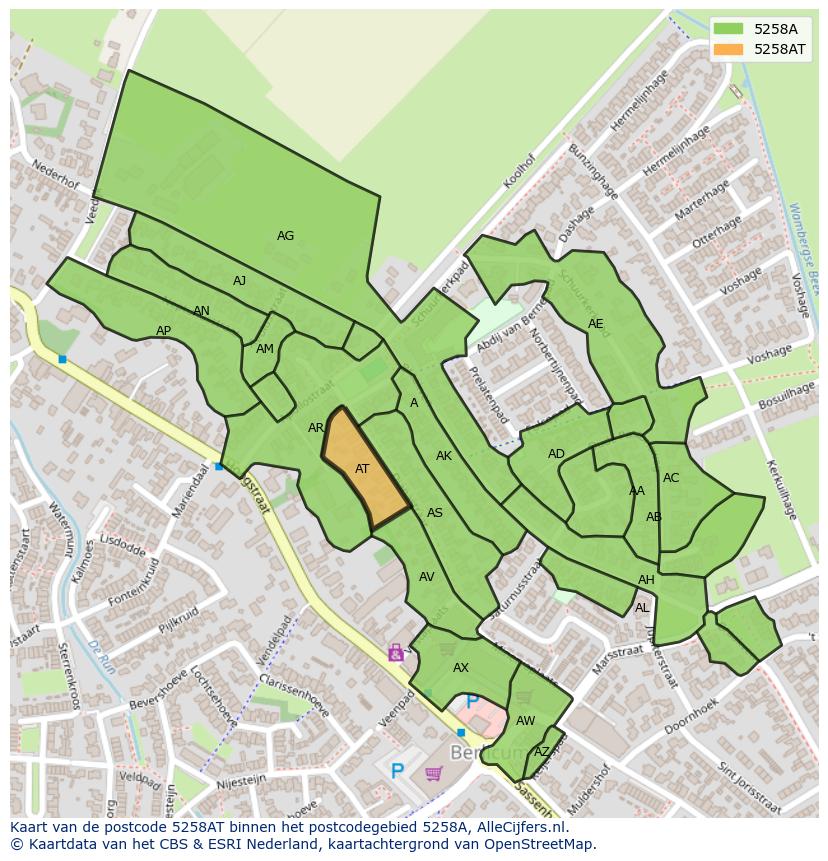 Afbeelding van het postcodegebied 5258 AT op de kaart.