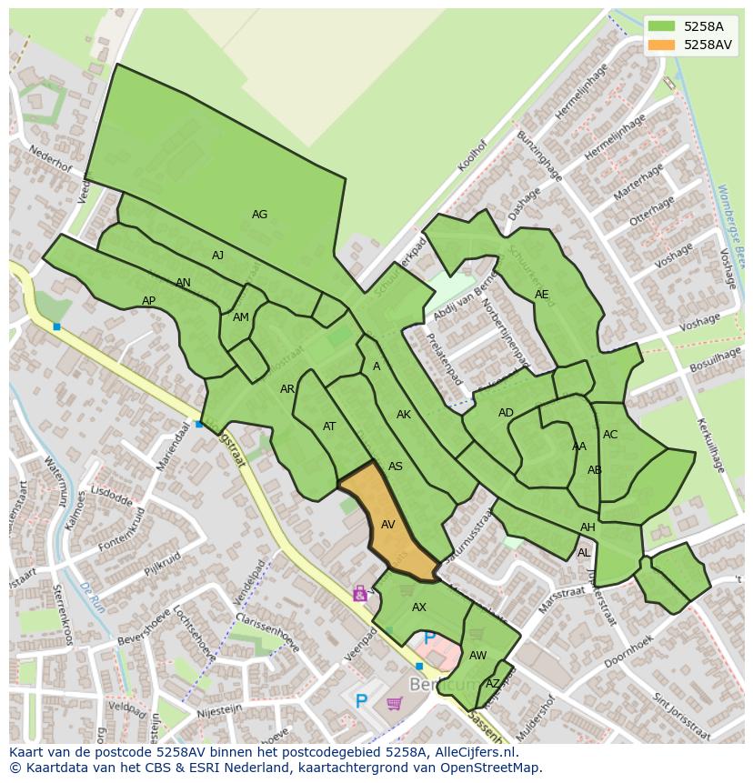 Afbeelding van het postcodegebied 5258 AV op de kaart.