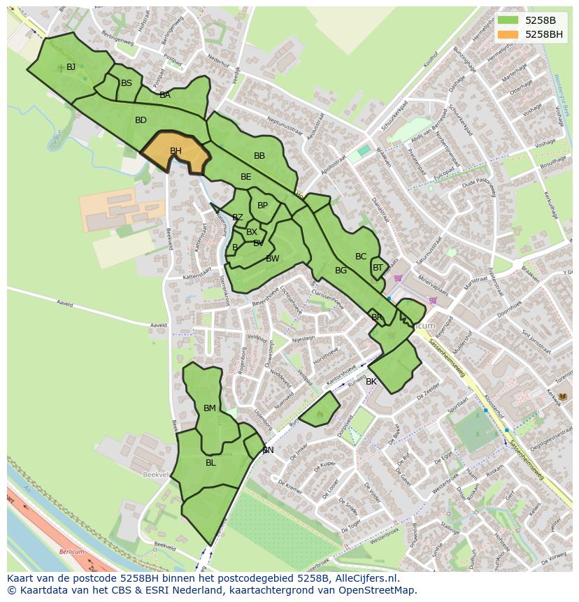 Afbeelding van het postcodegebied 5258 BH op de kaart.