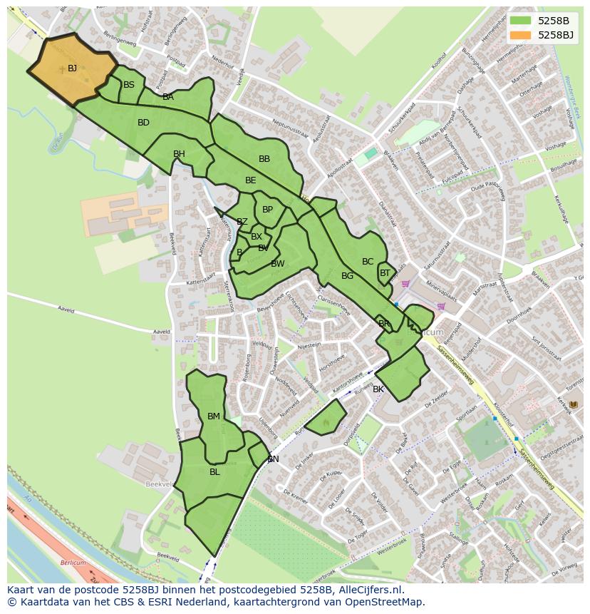 Afbeelding van het postcodegebied 5258 BJ op de kaart.