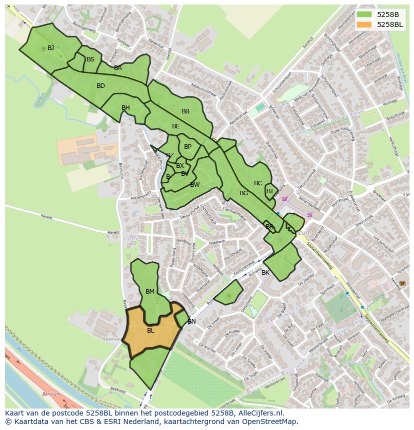 Afbeelding van het postcodegebied 5258 BL op de kaart.