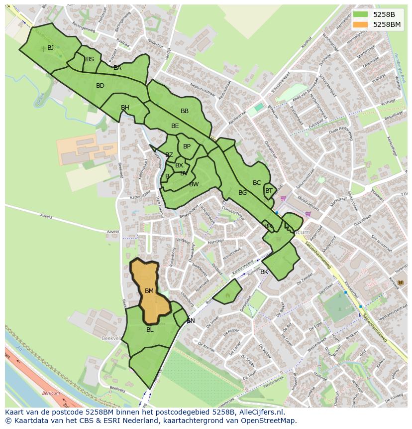 Afbeelding van het postcodegebied 5258 BM op de kaart.