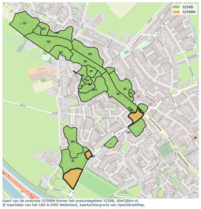 Afbeelding van het postcodegebied 5258 BN op de kaart.