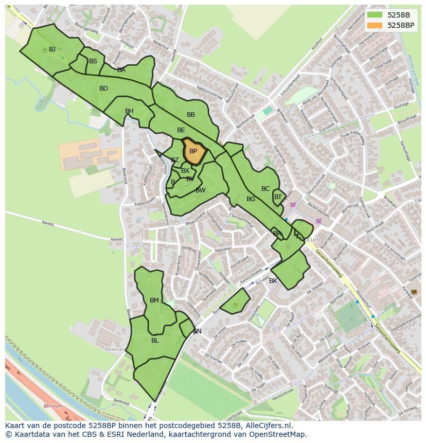 Afbeelding van het postcodegebied 5258 BP op de kaart.