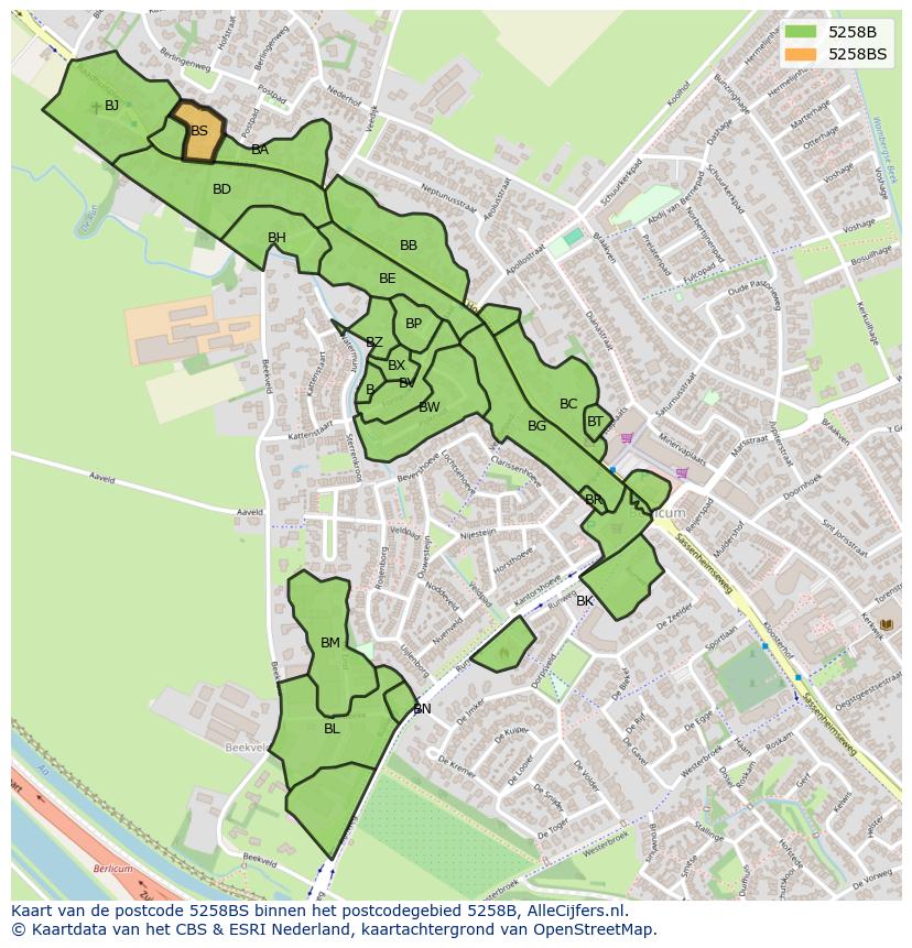 Afbeelding van het postcodegebied 5258 BS op de kaart.