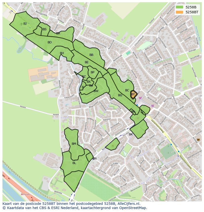 Afbeelding van het postcodegebied 5258 BT op de kaart.