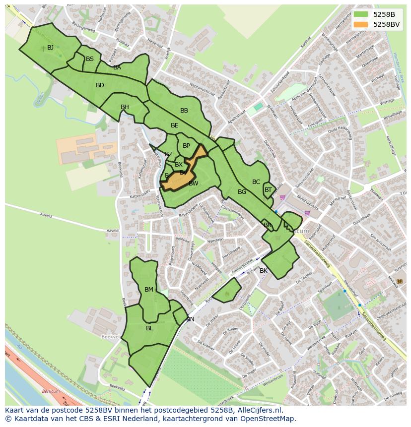 Afbeelding van het postcodegebied 5258 BV op de kaart.