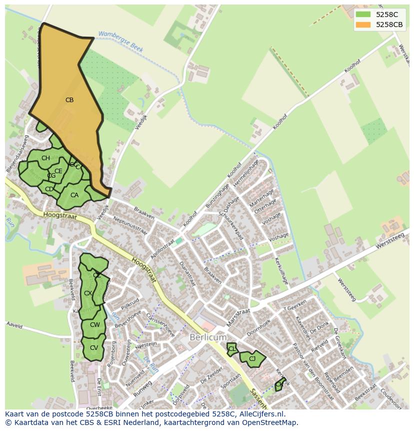 Afbeelding van het postcodegebied 5258 CB op de kaart.