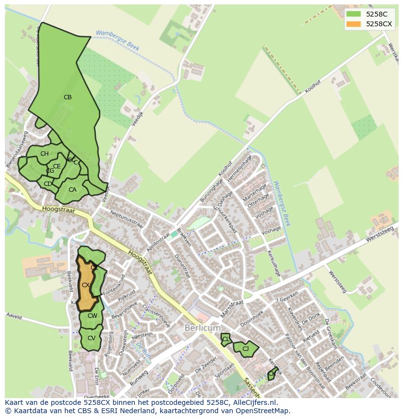 Afbeelding van het postcodegebied 5258 CX op de kaart.