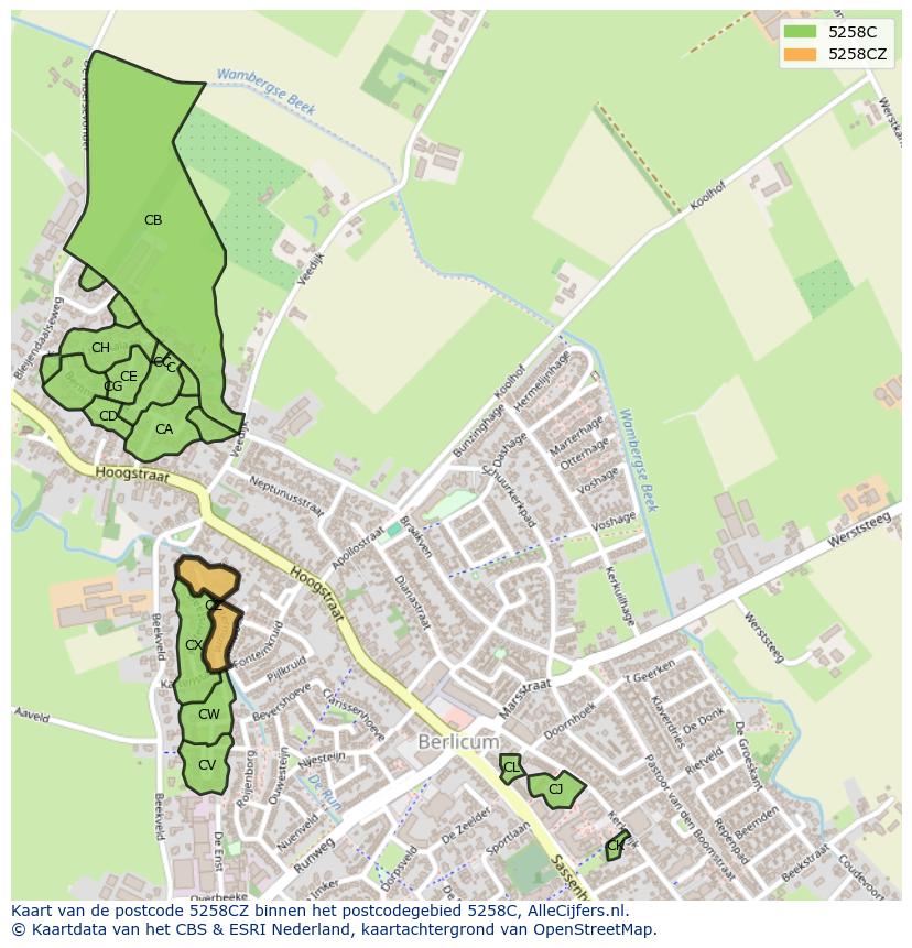 Afbeelding van het postcodegebied 5258 CZ op de kaart.