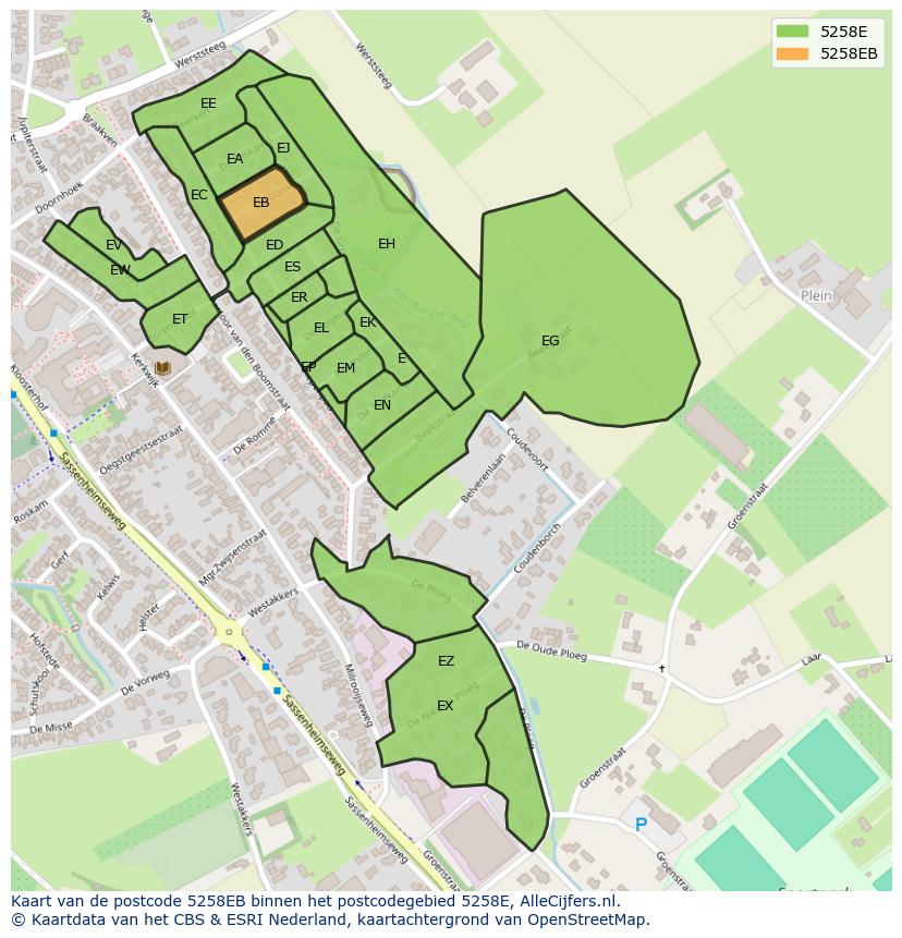 Afbeelding van het postcodegebied 5258 EB op de kaart.