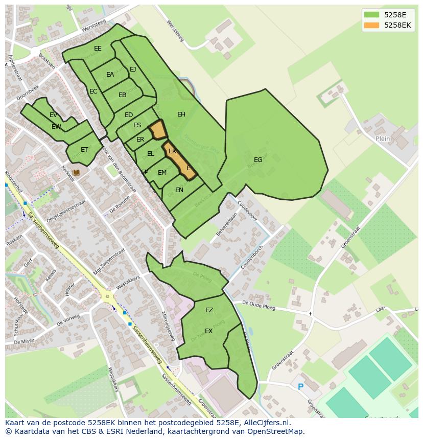 Afbeelding van het postcodegebied 5258 EK op de kaart.