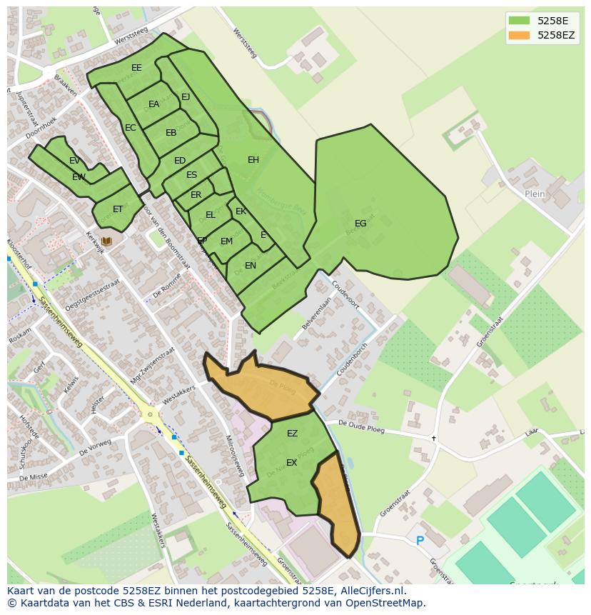 Afbeelding van het postcodegebied 5258 EZ op de kaart.