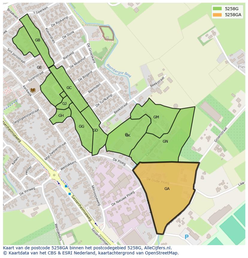 Afbeelding van het postcodegebied 5258 GA op de kaart.