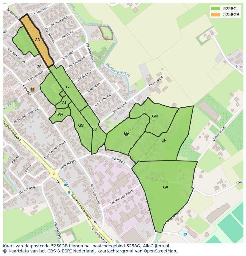 Afbeelding van het postcodegebied 5258 GB op de kaart.