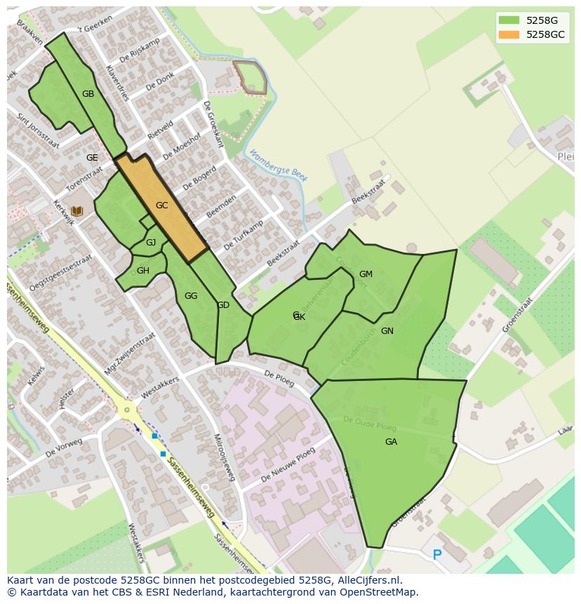 Afbeelding van het postcodegebied 5258 GC op de kaart.
