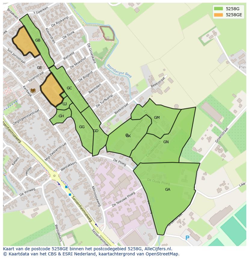 Afbeelding van het postcodegebied 5258 GE op de kaart.