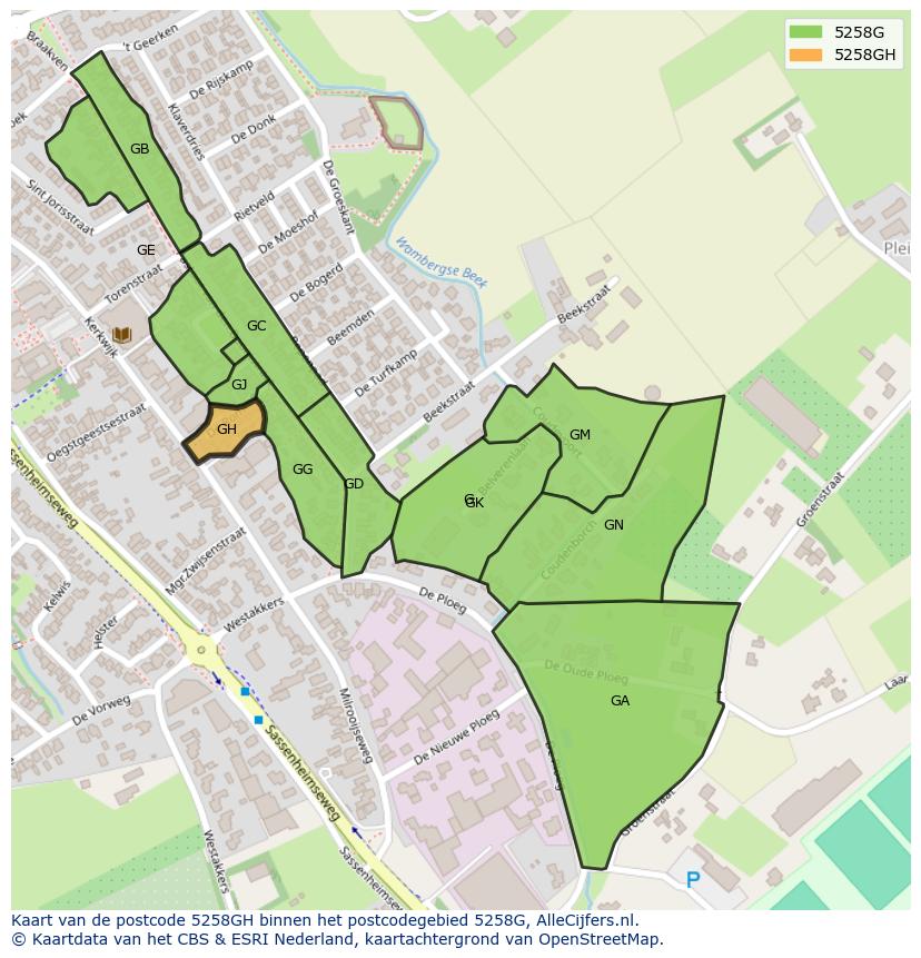Afbeelding van het postcodegebied 5258 GH op de kaart.