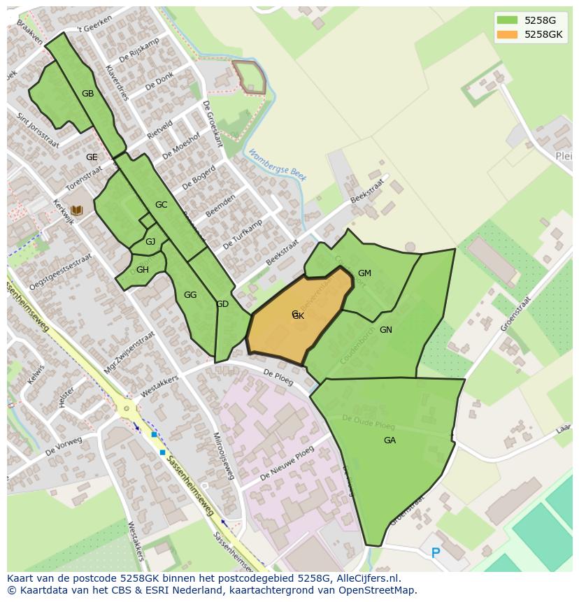 Afbeelding van het postcodegebied 5258 GK op de kaart.