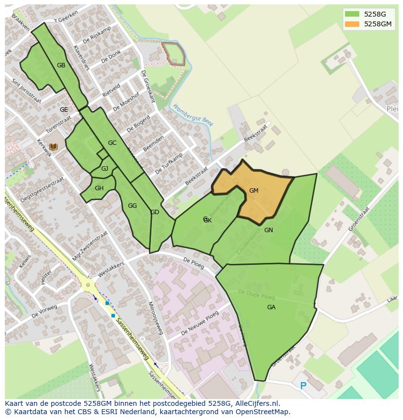 Afbeelding van het postcodegebied 5258 GM op de kaart.