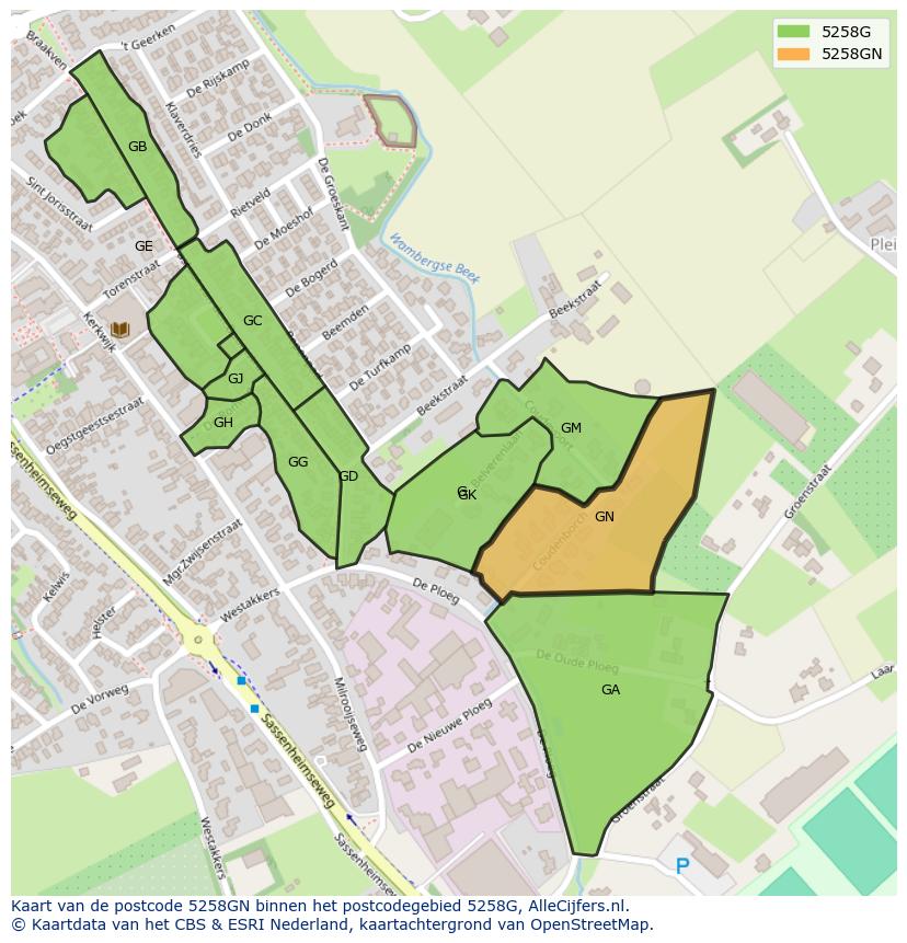 Afbeelding van het postcodegebied 5258 GN op de kaart.
