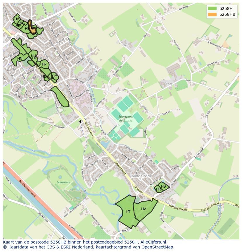 Afbeelding van het postcodegebied 5258 HB op de kaart.