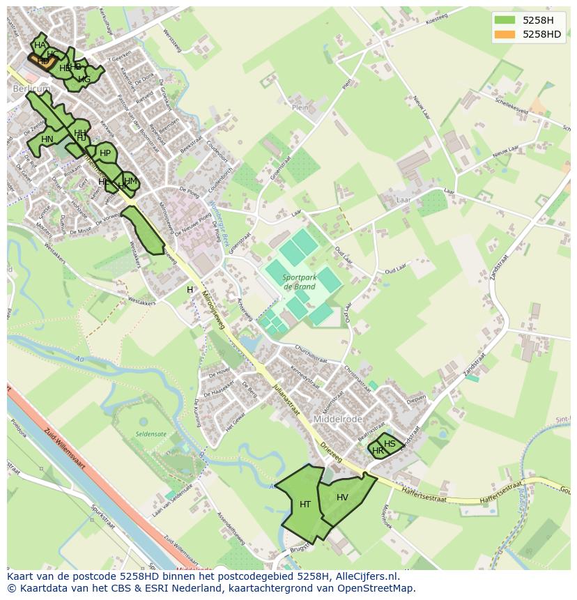 Afbeelding van het postcodegebied 5258 HD op de kaart.