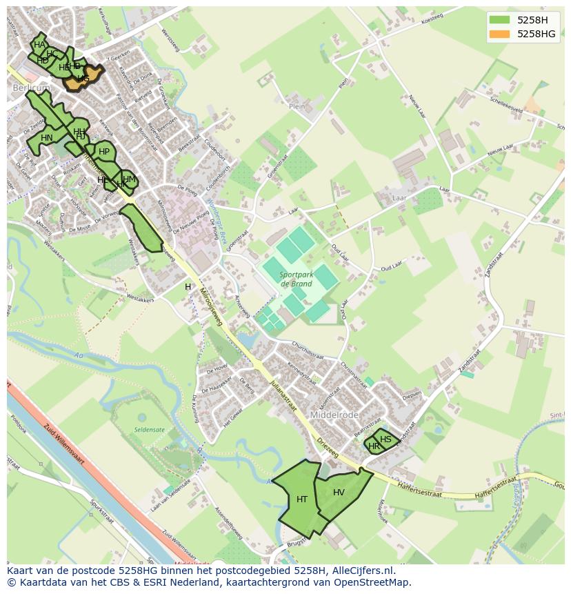 Afbeelding van het postcodegebied 5258 HG op de kaart.
