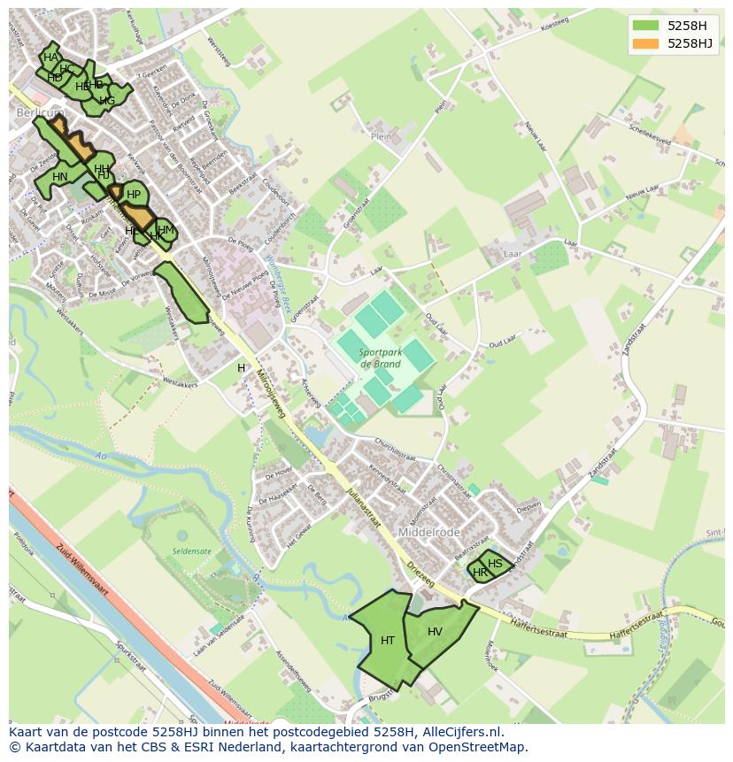 Afbeelding van het postcodegebied 5258 HJ op de kaart.
