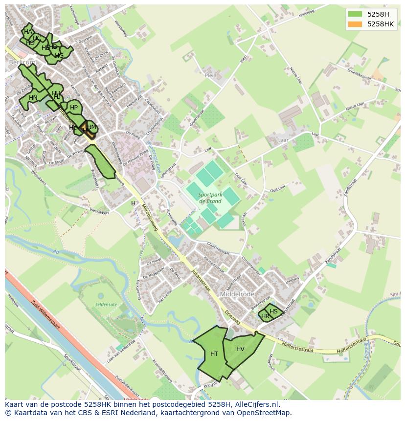 Afbeelding van het postcodegebied 5258 HK op de kaart.