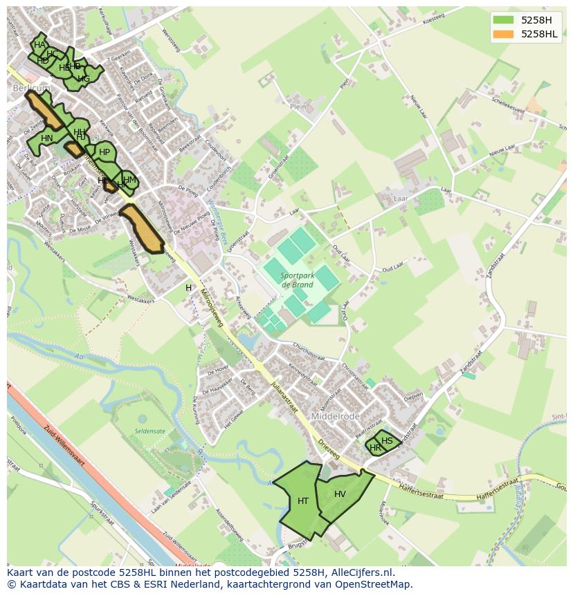 Afbeelding van het postcodegebied 5258 HL op de kaart.