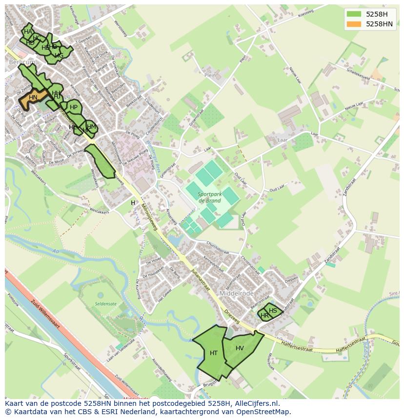Afbeelding van het postcodegebied 5258 HN op de kaart.