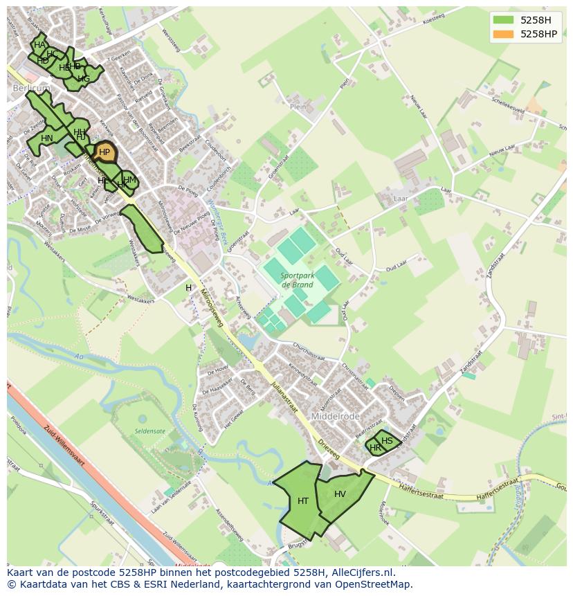 Afbeelding van het postcodegebied 5258 HP op de kaart.