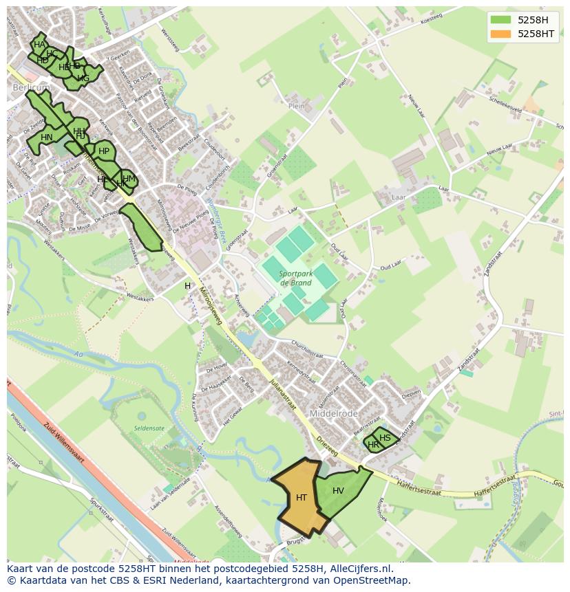Afbeelding van het postcodegebied 5258 HT op de kaart.