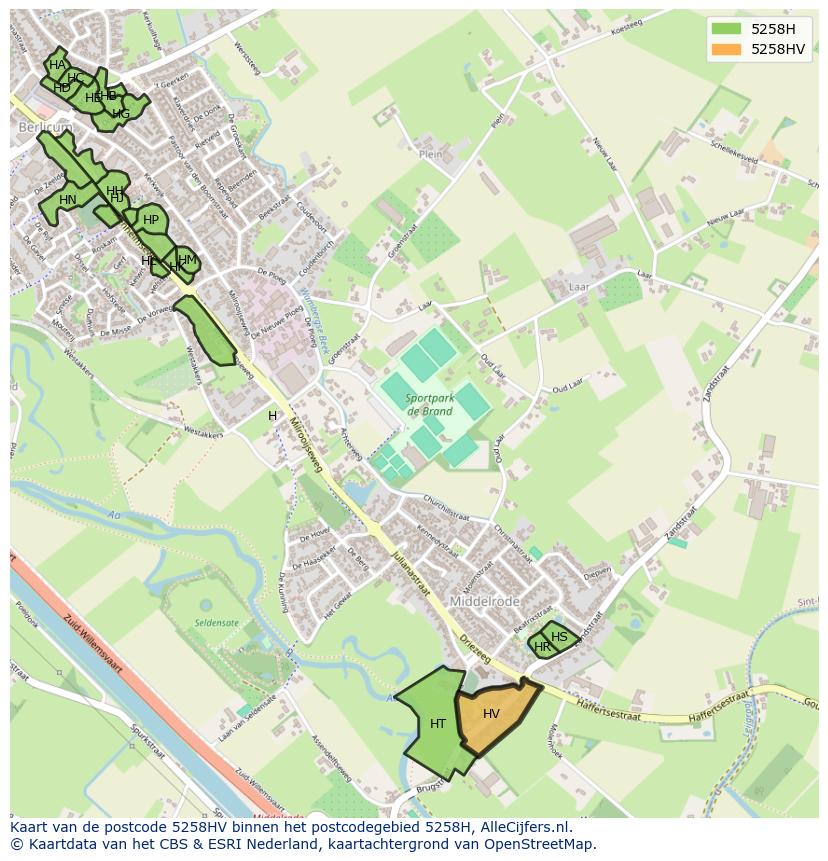 Afbeelding van het postcodegebied 5258 HV op de kaart.
