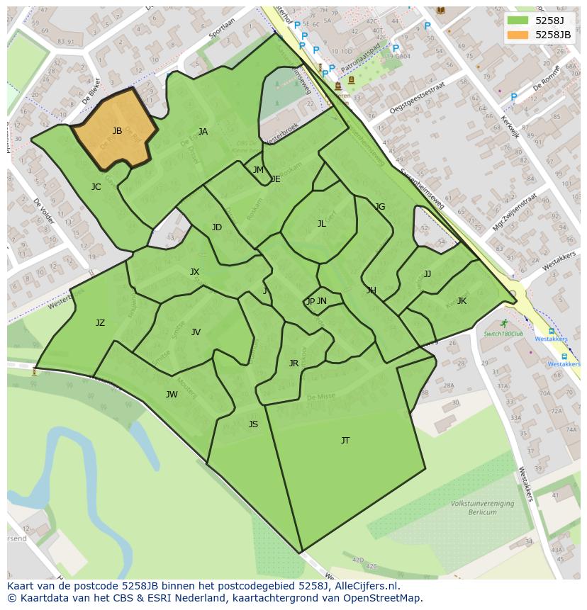 Afbeelding van het postcodegebied 5258 JB op de kaart.