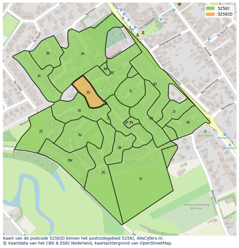 Afbeelding van het postcodegebied 5258 JD op de kaart.