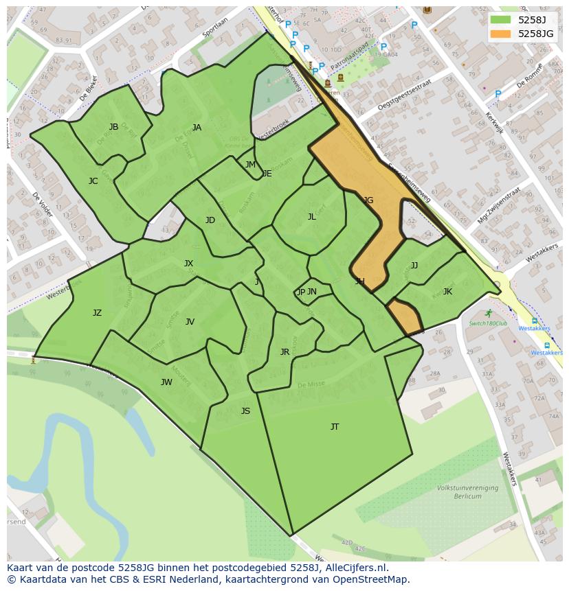 Afbeelding van het postcodegebied 5258 JG op de kaart.
