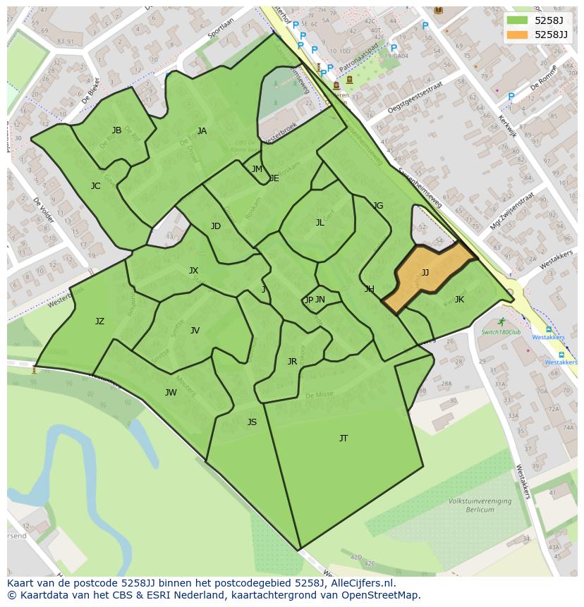 Afbeelding van het postcodegebied 5258 JJ op de kaart.