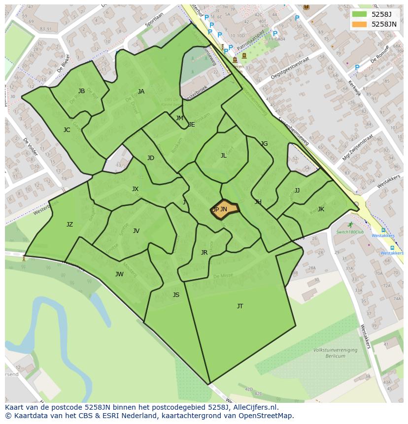 Afbeelding van het postcodegebied 5258 JN op de kaart.