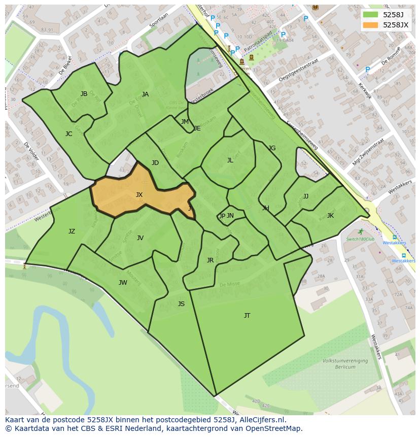 Afbeelding van het postcodegebied 5258 JX op de kaart.