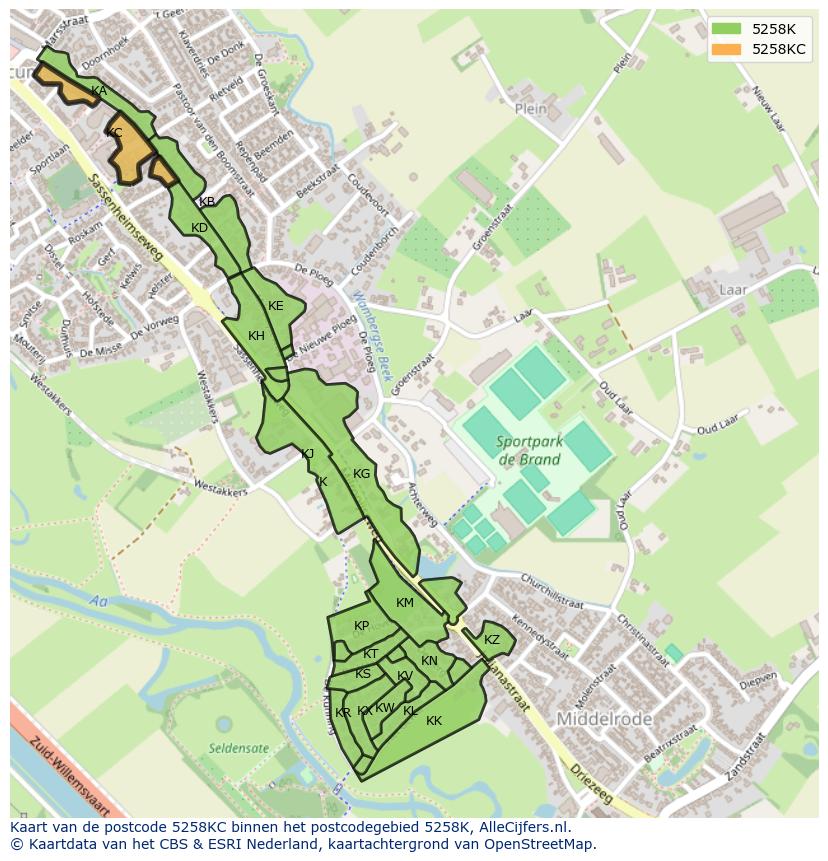 Afbeelding van het postcodegebied 5258 KC op de kaart.