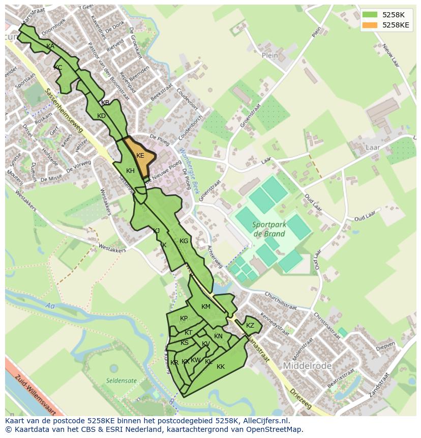 Afbeelding van het postcodegebied 5258 KE op de kaart.