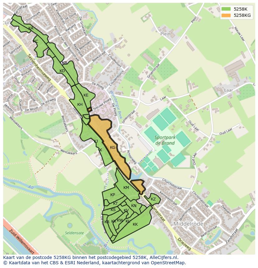 Afbeelding van het postcodegebied 5258 KG op de kaart.