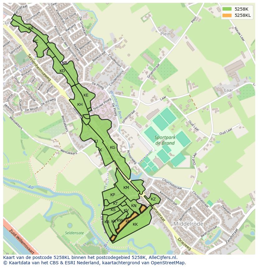 Afbeelding van het postcodegebied 5258 KL op de kaart.