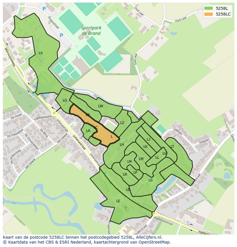 Afbeelding van het postcodegebied 5258 LC op de kaart.