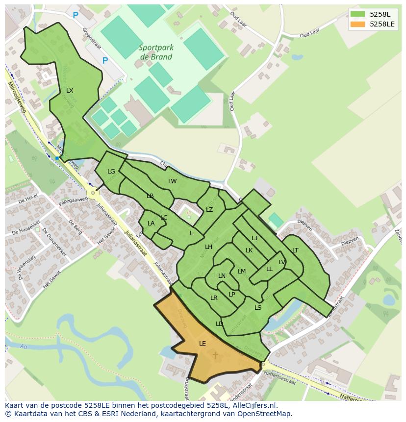 Afbeelding van het postcodegebied 5258 LE op de kaart.