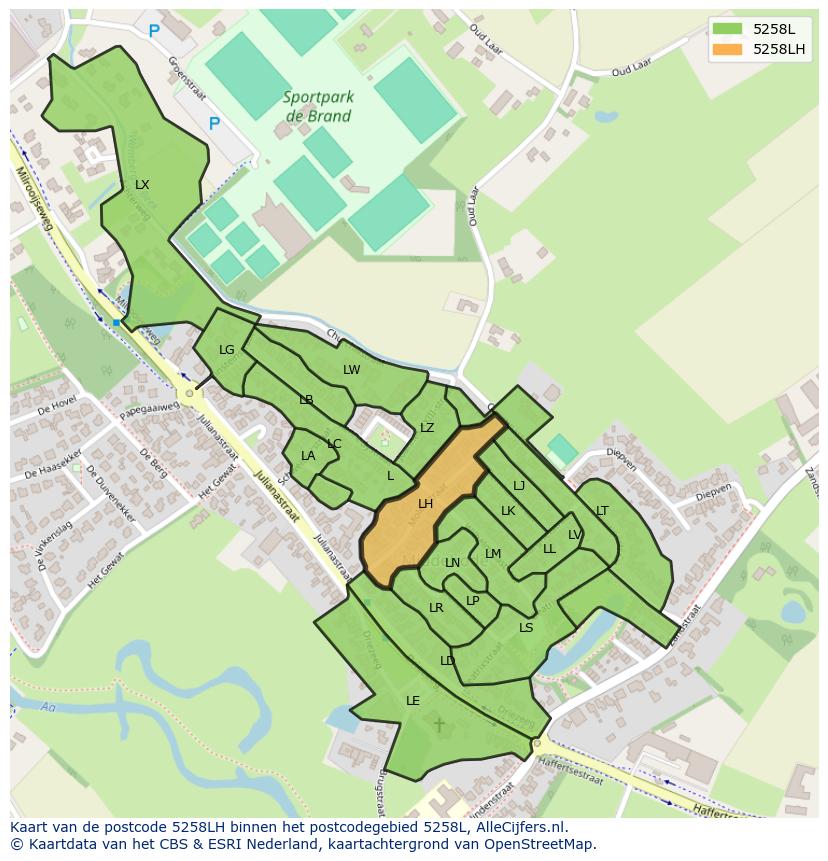 Afbeelding van het postcodegebied 5258 LH op de kaart.